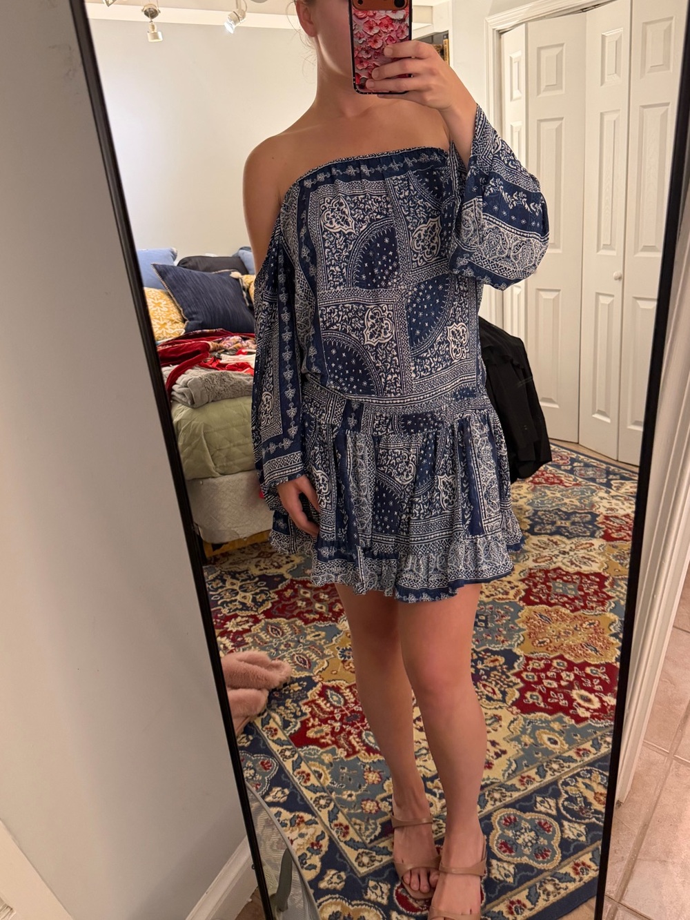 Olivaceous Navy and White One-Shoulder Paisley Mini Dress